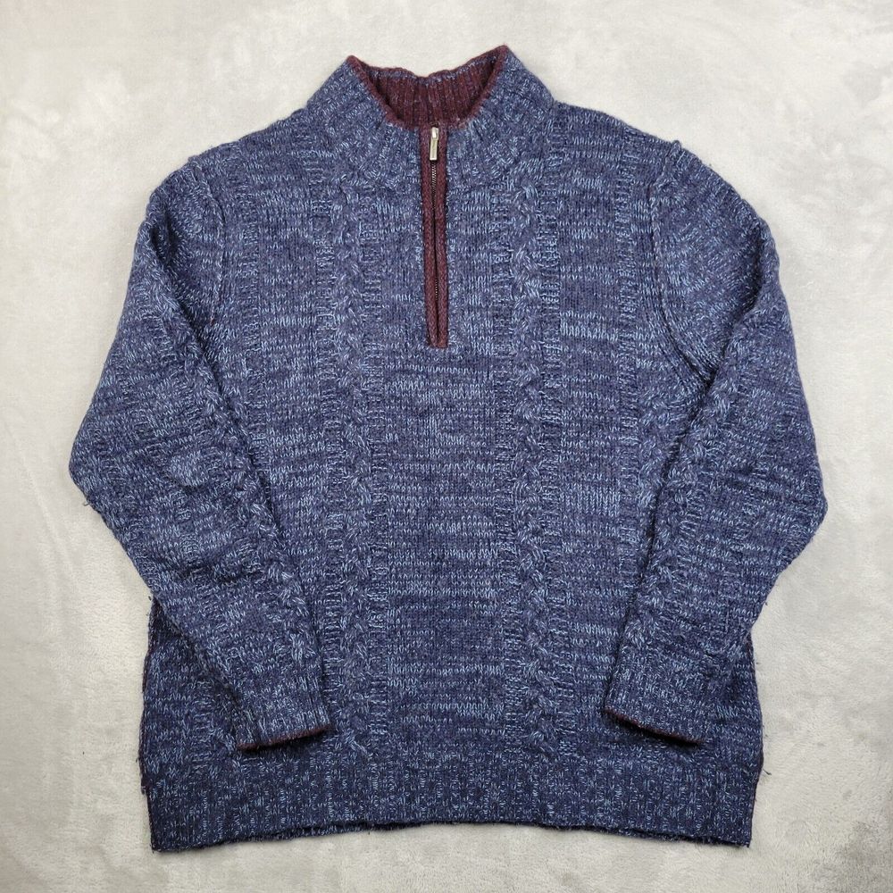 Tommy Bahama Mens XL 1/4‎ Zip Sweater Blue Lambswool Blend Cable Knit Pullover